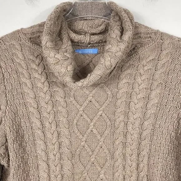 Burgess Cashmere Blend Cable Knit Sweater Women M Tan Soft Funnel Neck Fisherman - Picture 4 of 9